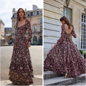 v. chapman carmella long-sleeve corset side-slit chiffon maxi dress The Carmella Dress in Blue Tapestry Rose 8 / Blue Tapestry Rose